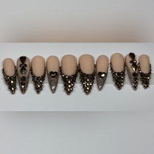 Gold brown bling French press on nails